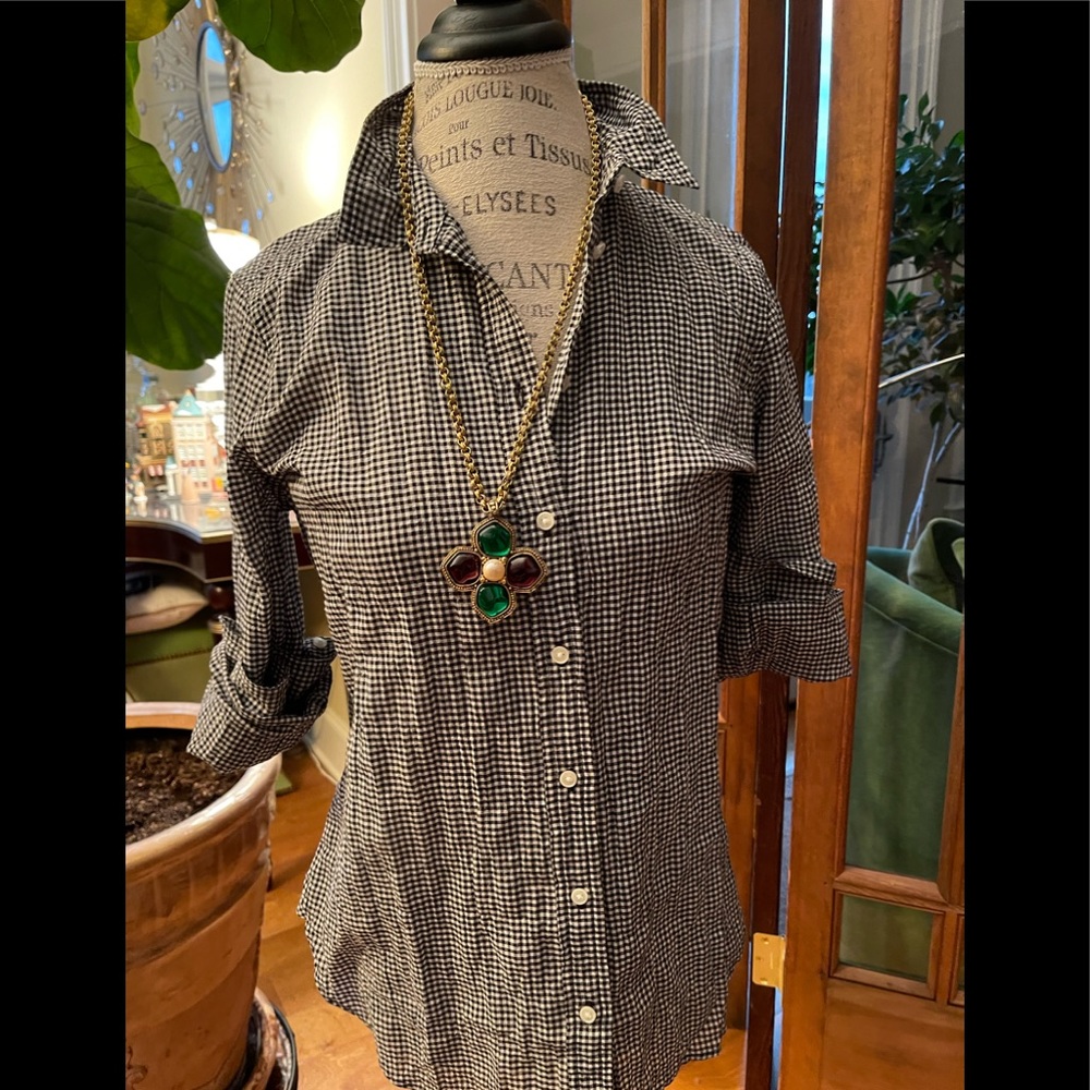 J Crew crinkled black and white check shirt. It’s a classic
